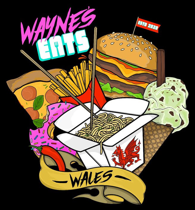 Wayne's Eats badge artwork featuring a burger, pizza, noodles, ice cream and the Welsh dragon